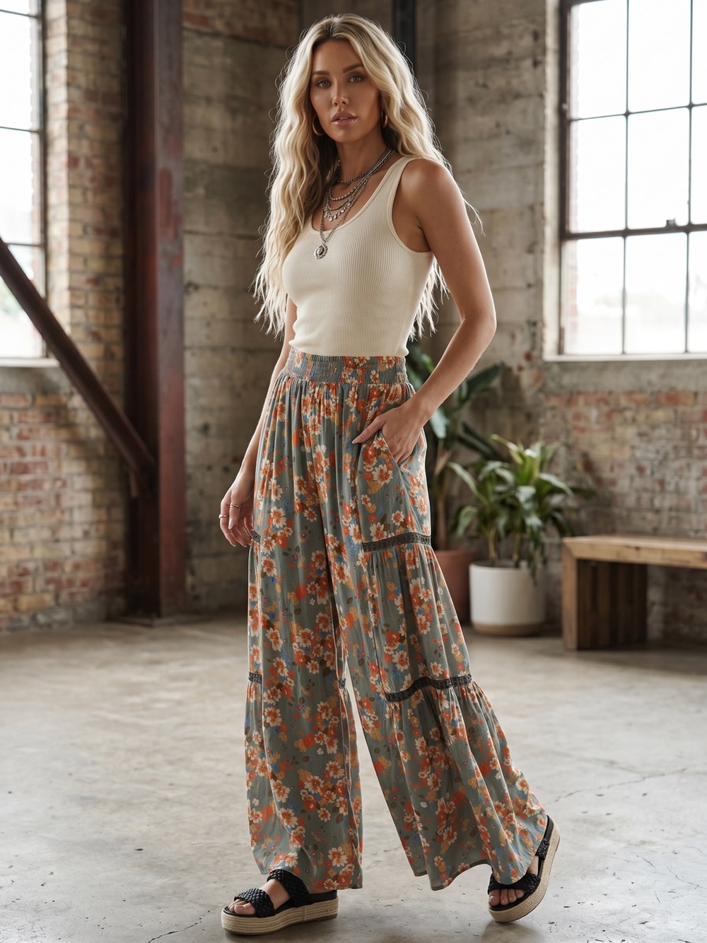 NWT Angie Boho Festival Floral Print Crochet Wide Leg Palazzo Pants - Picture 3 of 5